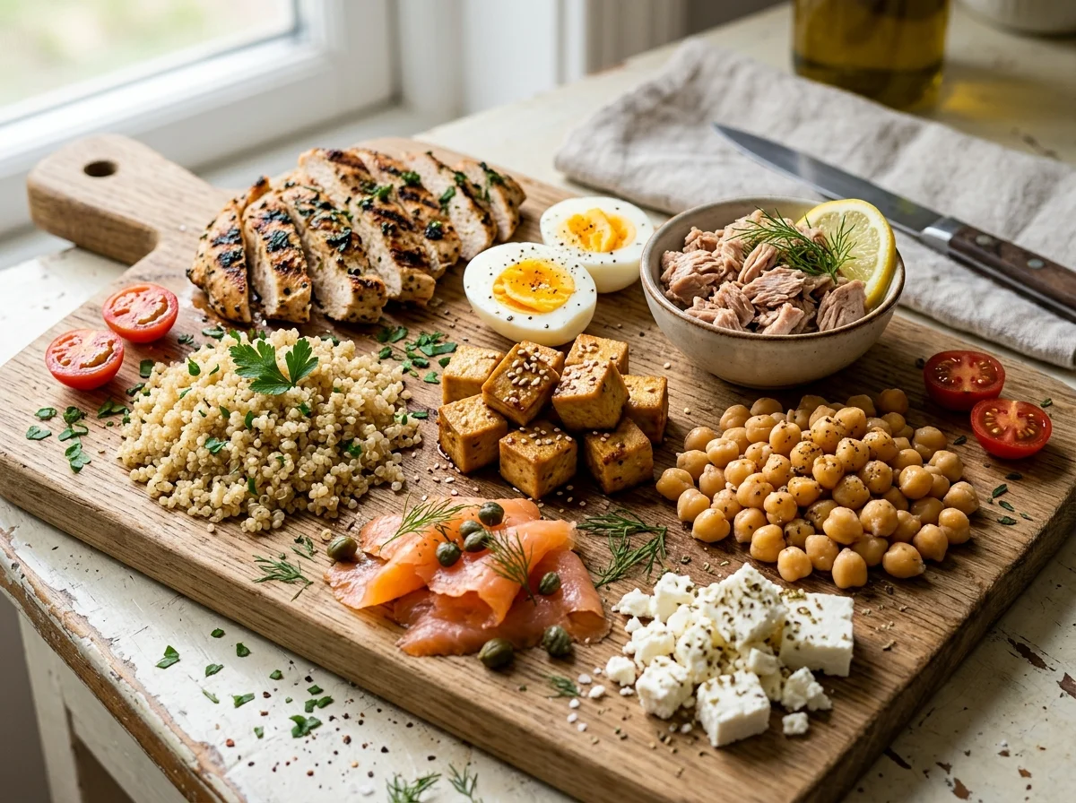 Assortiment de sources de protéines pour salades : poulet grillé, œufs durs, thon, pois chiches, quinoa, tofu, saumon fumé et feta disposés sur une planche en bois avec herbes fraîches