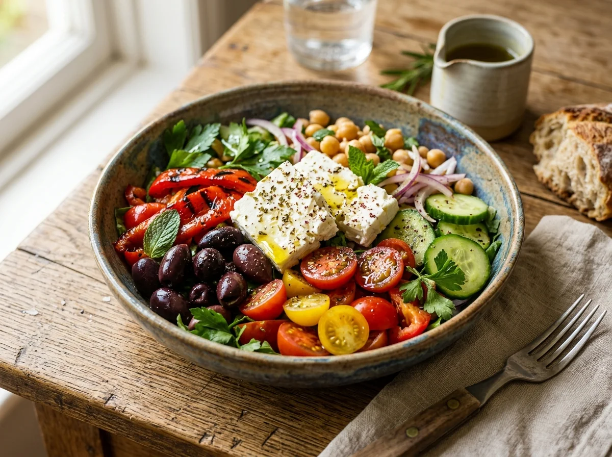 Salade méditerranéenne protéinée dans un bol avec feta, olives noires, tomates cerises, poivrons grillés et pois chiches
