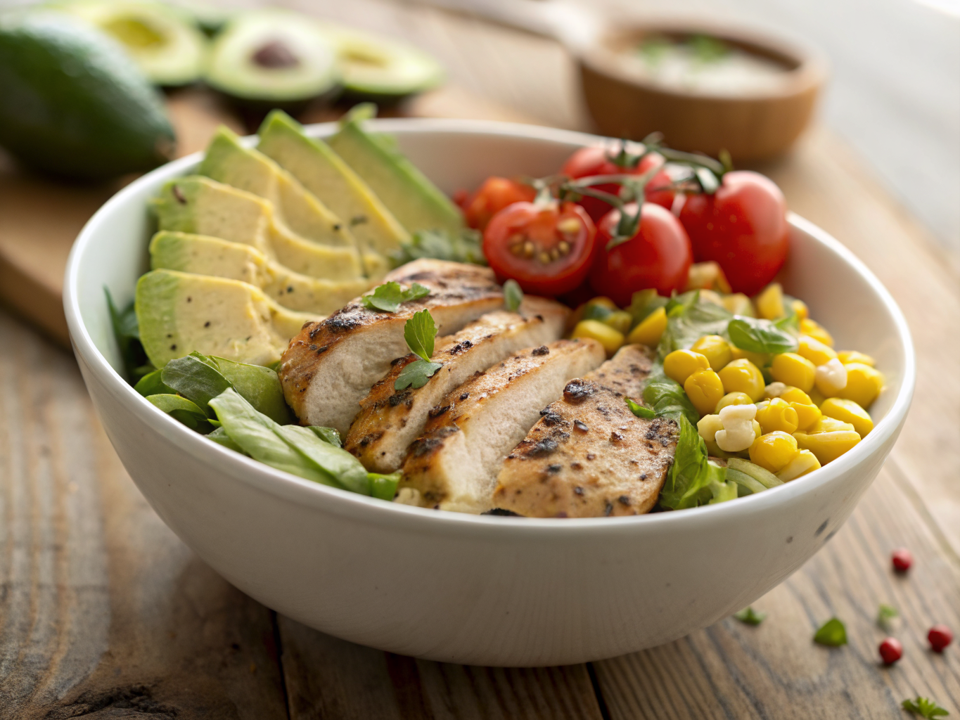 Salades Protéinées au Poulet : Riches en Protéines et Équilibrées 2 Blancs de poulet grillé marinés aux herbes et épices, prêts à être tranchés pour une salade protéinée