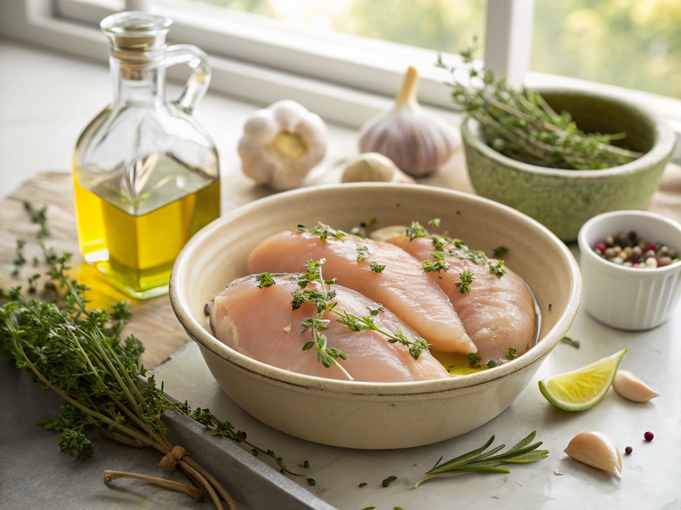 Salades Protéinées au Poulet : Riches en Protéines et Équilibrées 3 Blancs de poulet marinés aux herbes, ail et huile d'olive dans un bol en céramique, prêts à être grillés pour une salade protéinée