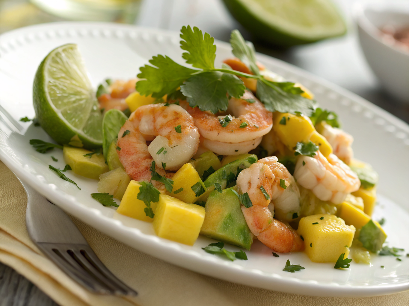 Salades Protéinées aux Fruits de Mer : Légères et Riches en Protéines 2 Salade de crevettes, calamars et moules aux agrumes et herbes fraîches dans un saladier en céramique blanche