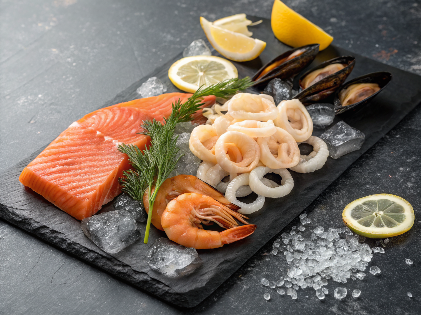Salades Protéinées aux Fruits de Mer : Légères et Riches en Protéines 3 Plateau de fruits de mer frais sur lit de glace : crevettes roses, saumon, calamars et moules avec quartiers de citron