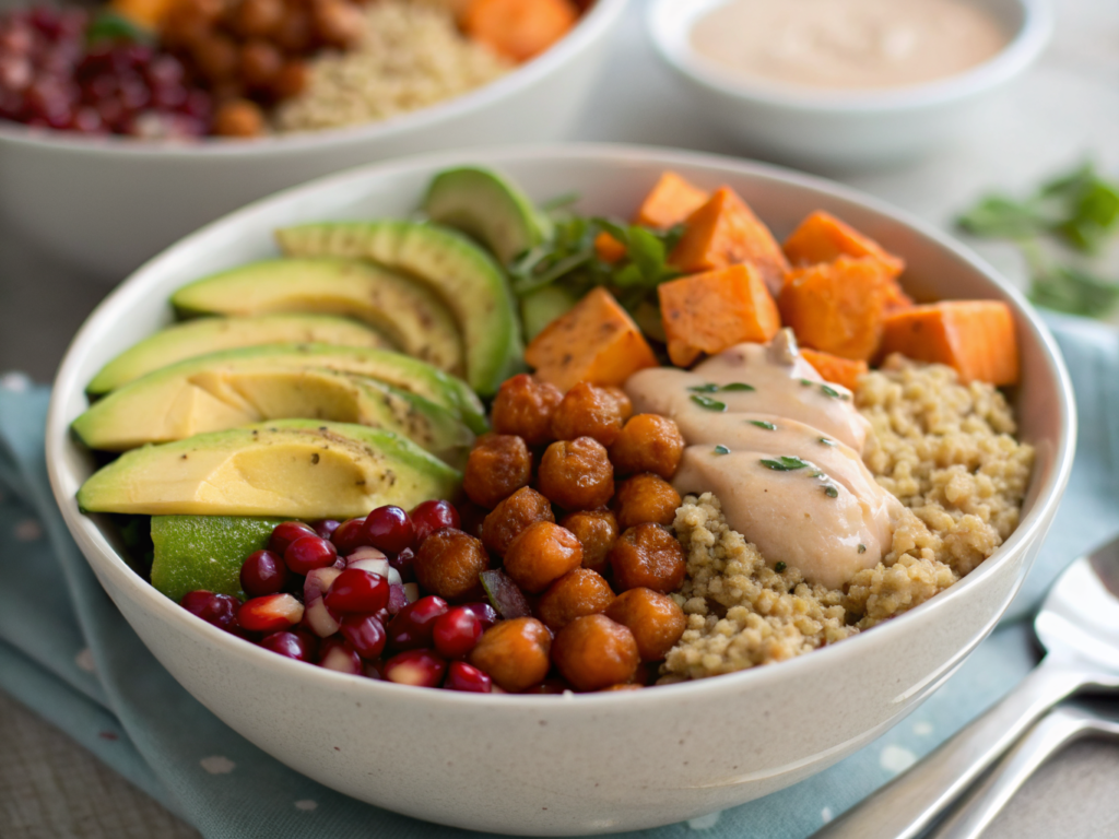 Salade végétarienne colorée aux pois chiches, quinoa, avocat, grenade et légumes croquants dans un bol en bois