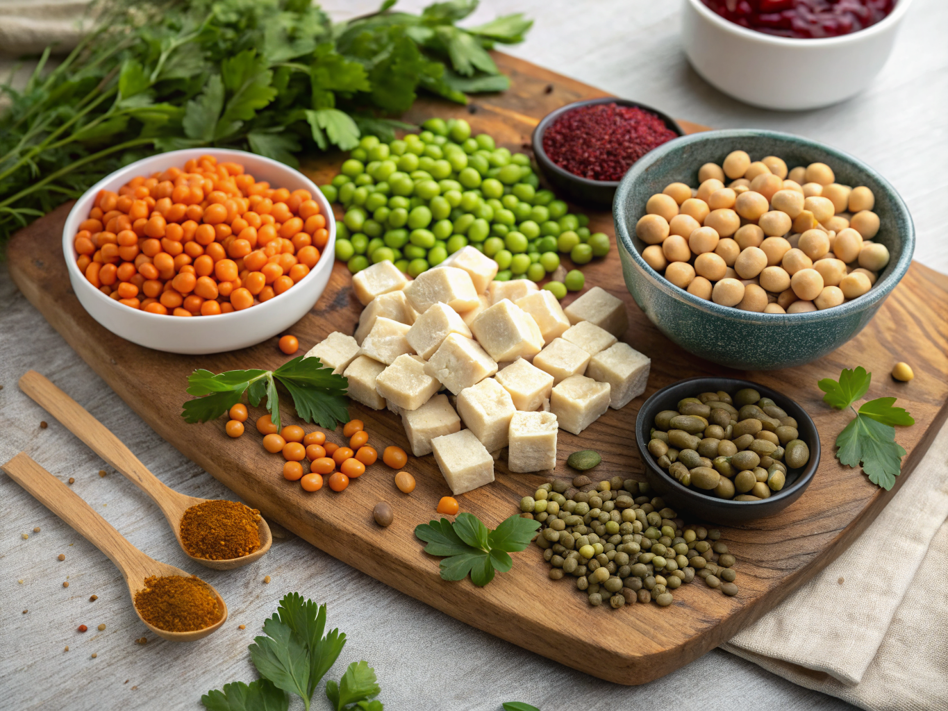 Assortiment de sources de protéines végétales : pois chiches, lentilles, tofu, quinoa, edamame et graines de courge