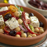 Salade méditerranéenne aux légumes grillés, feta, olives noires, tomates confites et herbes de Provence dans un plat en terre cuite