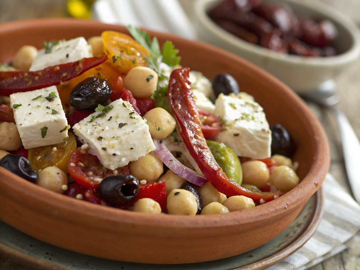 Salade méditerranéenne aux légumes grillés, feta, olives noires, tomates confites et herbes de Provence dans un plat en terre cuite