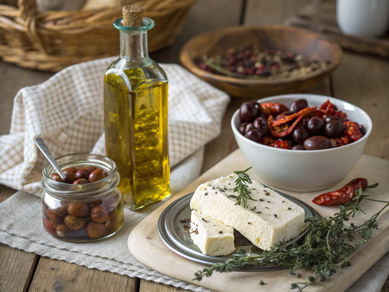 Ingrédients essentiels du placard méditerranéen : huile d'olive, olives kalamata, feta, herbes de Provence et poivrons confits
