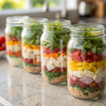 Bocaux en verre de salades préparées pour la semaine avec poulet, quinoa, légumes croquants et vinaigrette au fond
