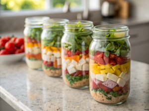 Bocaux en verre de salades préparées pour la semaine avec poulet, quinoa, légumes croquants et vinaigrette au fond