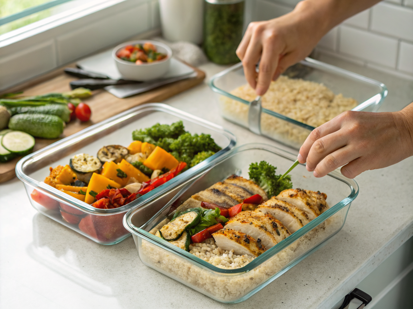Salades Protéinées Rapides et Meal Prep : Express et Riches en Protéines 3 Mains préparant des conteneurs de meal prep avec quinoa et légumes sur un plan de travail lumineux