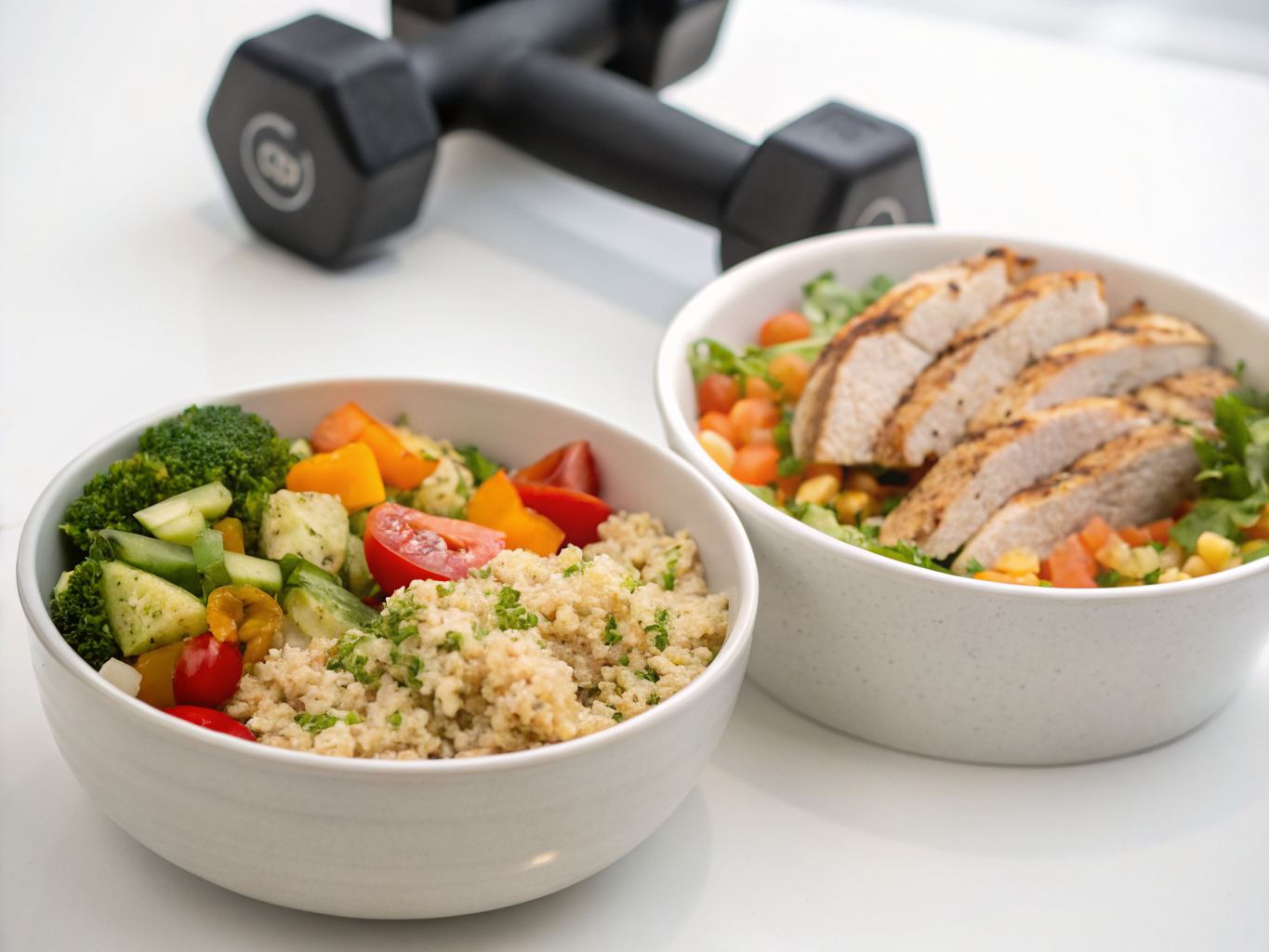 Comparatif de deux repas fitness : bol pré-entraînement léger et bol post-entraînement riche en protéines, haltères en arrière-plan