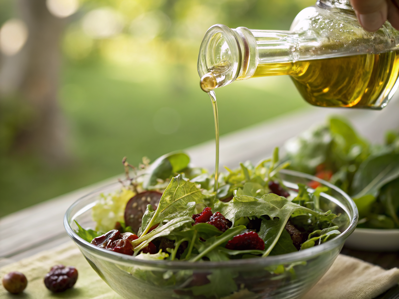 Vinaigrettes et Sauces Protéinées Maison : Simples et Savoureuses 3 Vinaigrette maison versée d'un bocal en verre sur une salade verte fraîche, éclaboussure d'huile d'olive au naturel