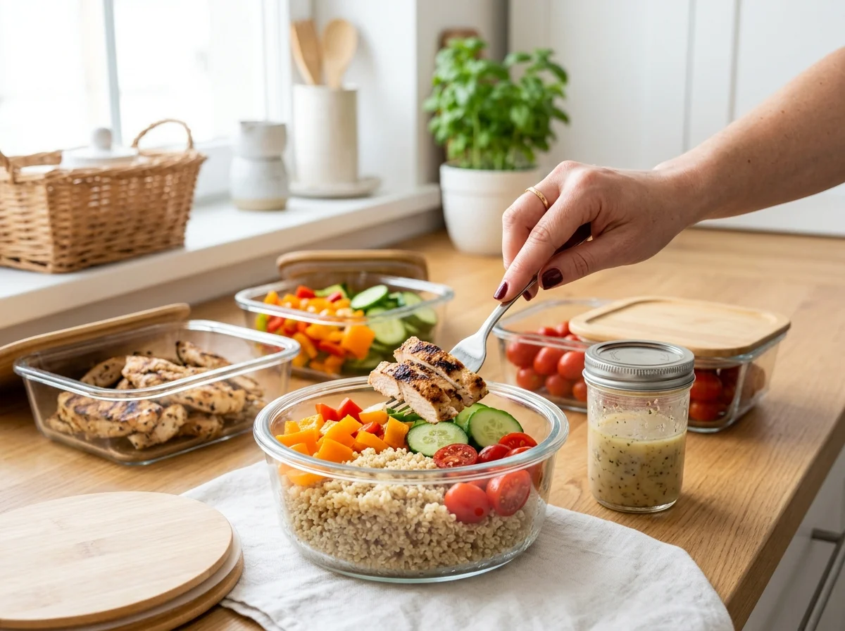 Préparation de salades meal prep avec des ingrédients dans des contenants en verre sur un plan de travail