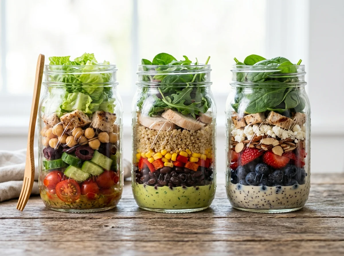 Trois salades en bocal alignées avec des couches visibles de sauce, légumes, protéines et feuilles vertes