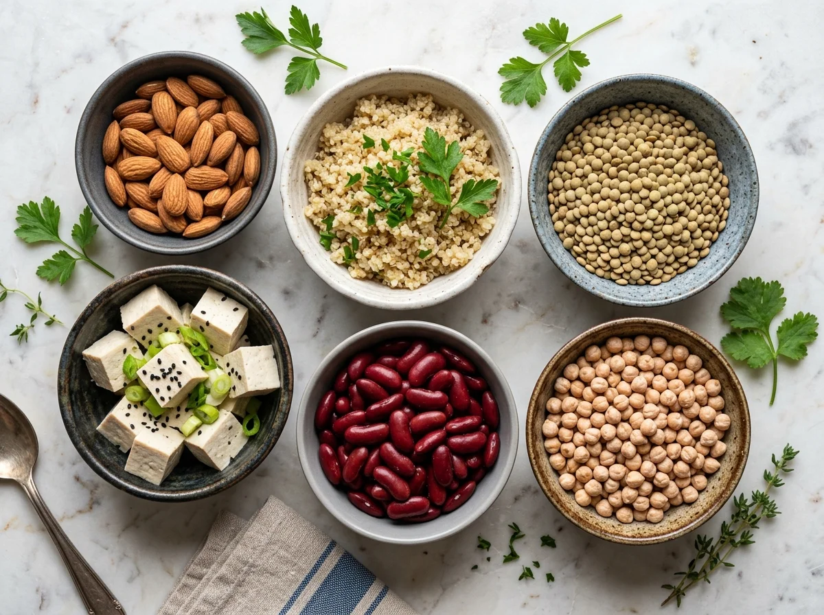 Guide Complet des Protéines : Besoins, Sources et Astuces 3 Bols de protéines végétales : lentilles vertes, pois chiches, haricots rouges, tofu, quinoa et amandes sur un marbre clair