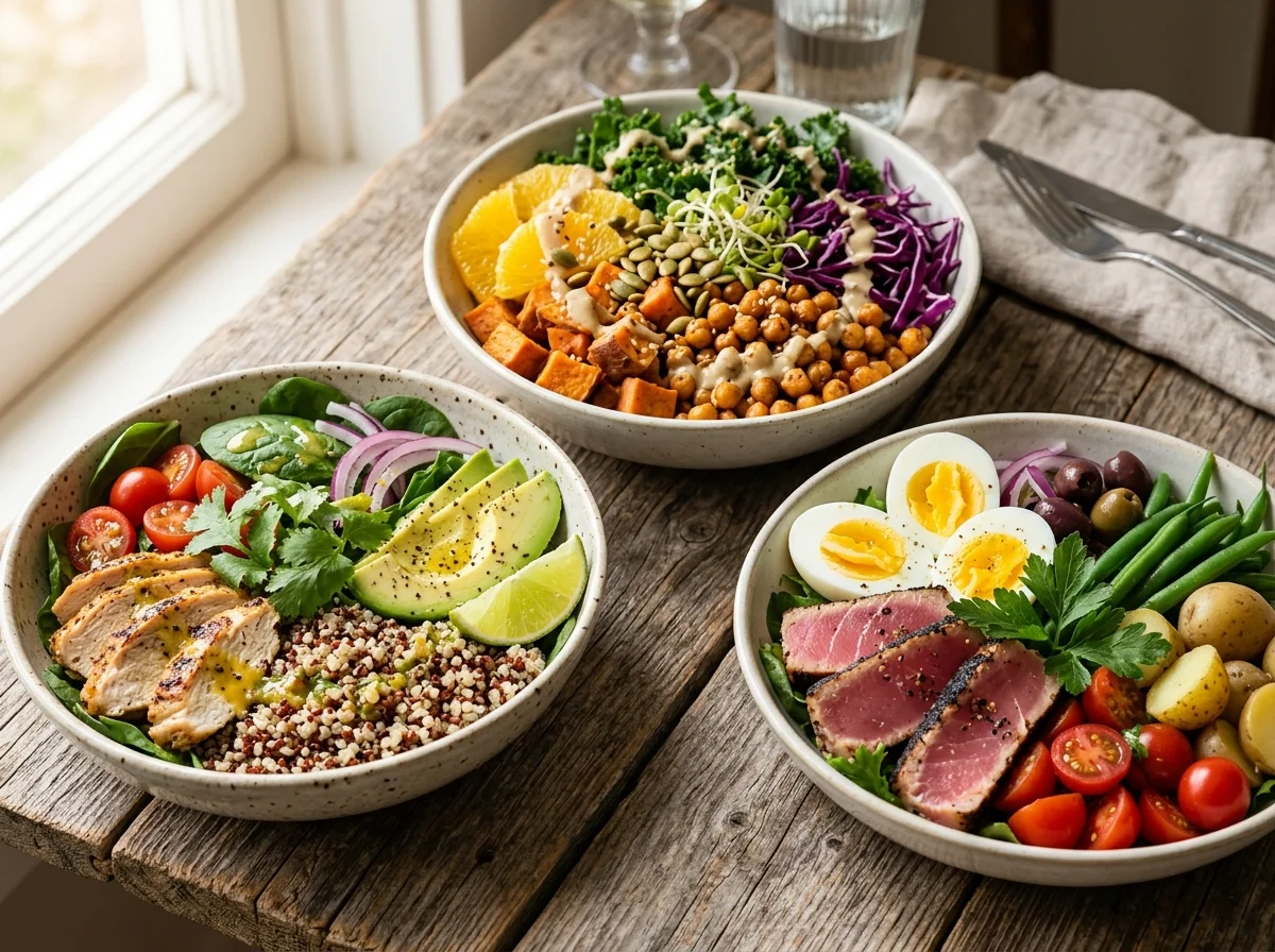 Guide Complet des Protéines : Besoins, Sources et Astuces 4 Trois bowls protéinés différents : poulet quinoa avocat, buddha bowl pois chiches, salade niçoise au thon présentés sur une table