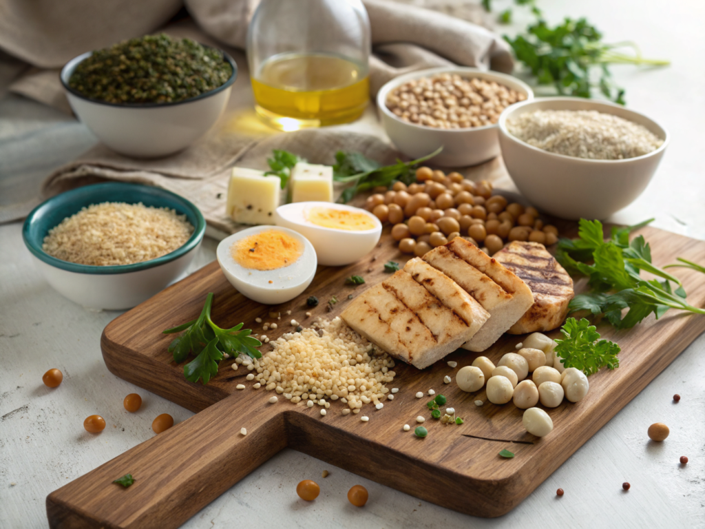 Ingrédients riches en protéines disposés sur une planche : œufs, poulet, pois chiches, lentilles, quinoa, tofu et fruits secs