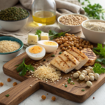 Ingrédients riches en protéines disposés sur une planche : œufs, poulet, pois chiches, lentilles, quinoa, tofu et fruits secs