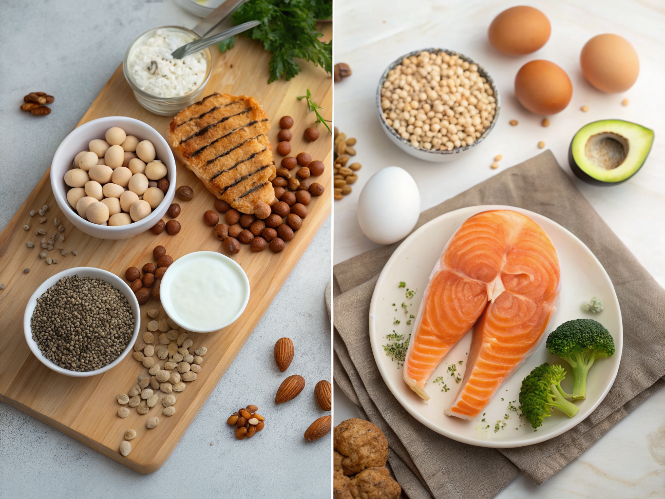 Guide Complet des Protéines : Besoins, Sources et Astuces 2 Comparaison des sources de protéines animales et végétales : œufs, poulet, saumon, yaourt grec, lentilles, pois chiches, quinoa, tofu et amandes