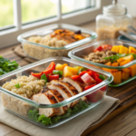 Préparation de salades repas en bocaux en verre pour la semaine avec ingrédients frais et sains