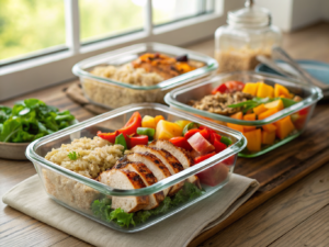 Préparation de salades repas en bocaux en verre pour la semaine avec ingrédients frais et sains
