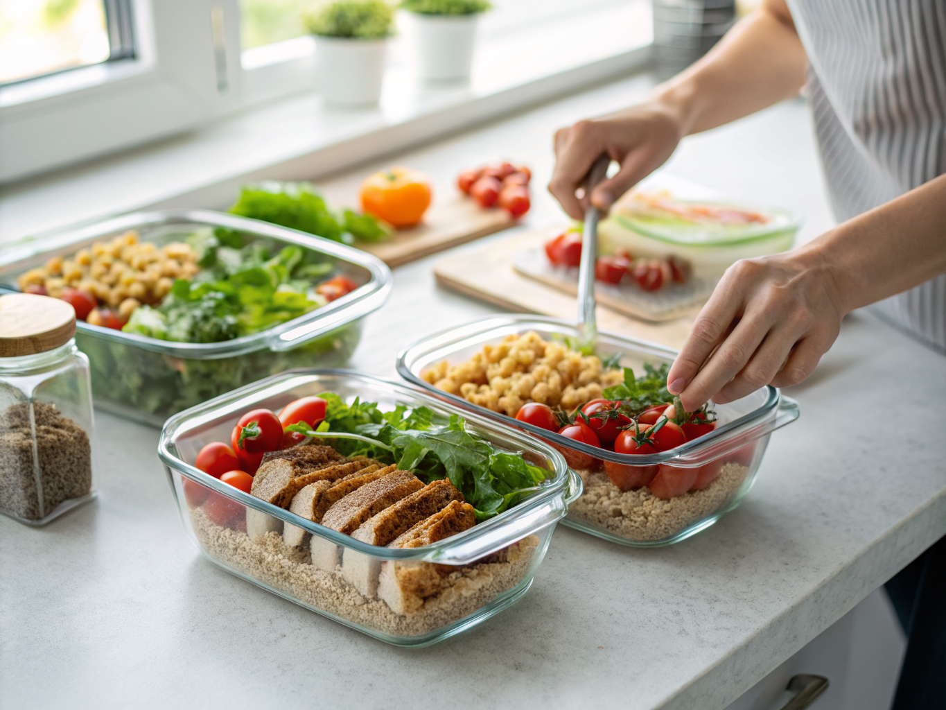 Préparation de salades en bocaux en verre pour le meal prep de la semaine avec ingrédients frais et colorés