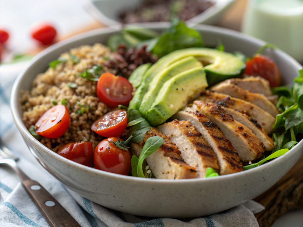 Salade protéinée complète au poulet grillé, avocat, quinoa et légumes frais dans un grand bol en bois, prête à être dégustée
