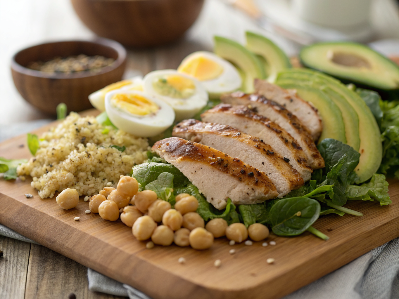 Ingrédients protéinés pour salade : poulet grillé, œufs, pois chiches, quinoa, avocat et légumes frais disposés sur une planche en bois