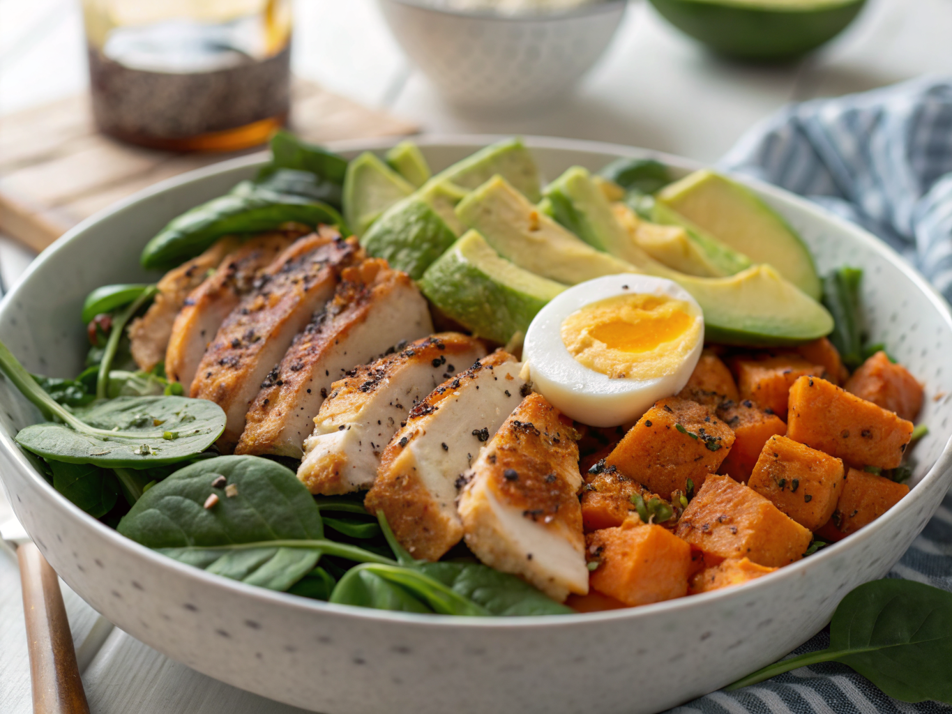 Bol de salade protéinée post-workout avec poulet grillé, patate douce, avocat, oeuf et épinards présenté sur un tapis de sport