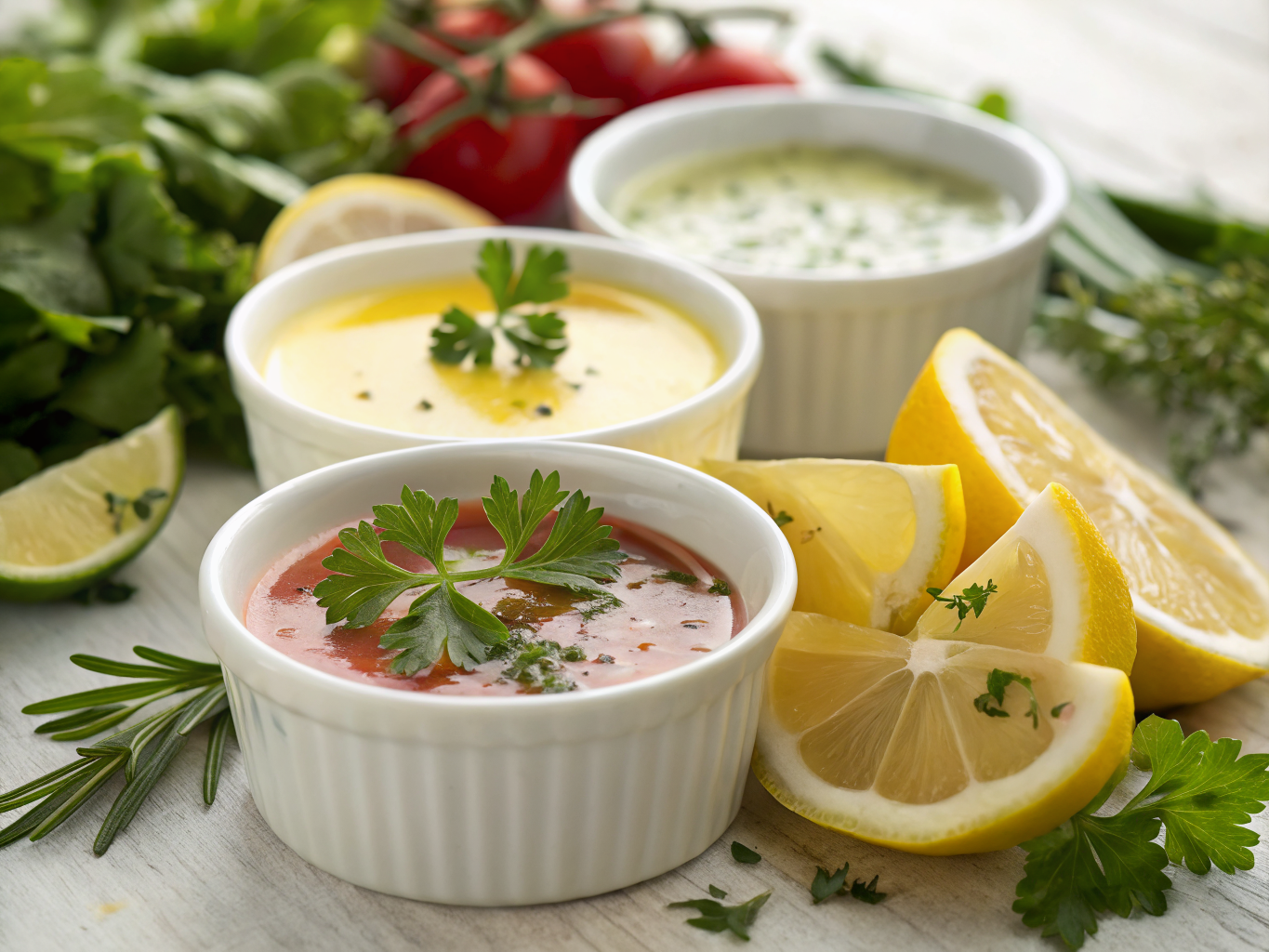 Vinaigrettes et Sauces Protéinées Maison : Simples et Savoureuses 2 Bocaux de vinaigrettes maison : classique moutarde, balsamique miel, sauce César, tzatziki et yaourt menthe sur une table en bois