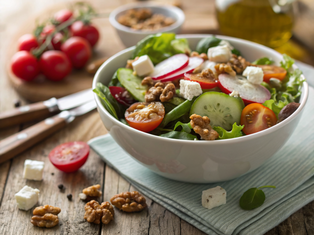 Salade d'ete fraiche et rapide dans un grand bol en bois avec mesclun, tomates cerises, concombre, radis, feta emiettee et noix