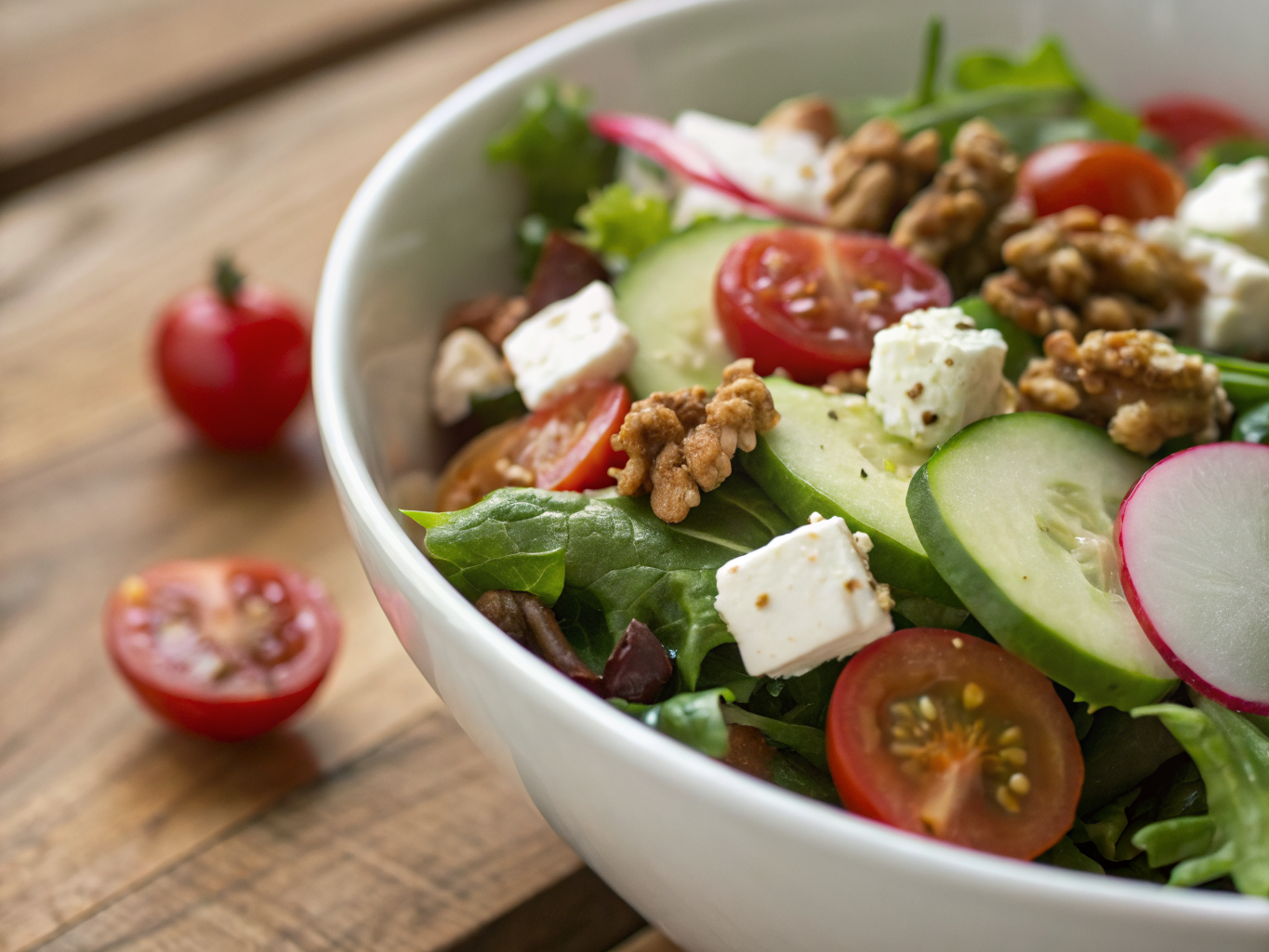 Salade d'Été Fraîche et Rapide : Prête en 15 min 2 Salade d'été fraîche et rapide dans un grand bol en bois avec mesclun, tomates cerises, concombre, radis, feta émiettée et noix