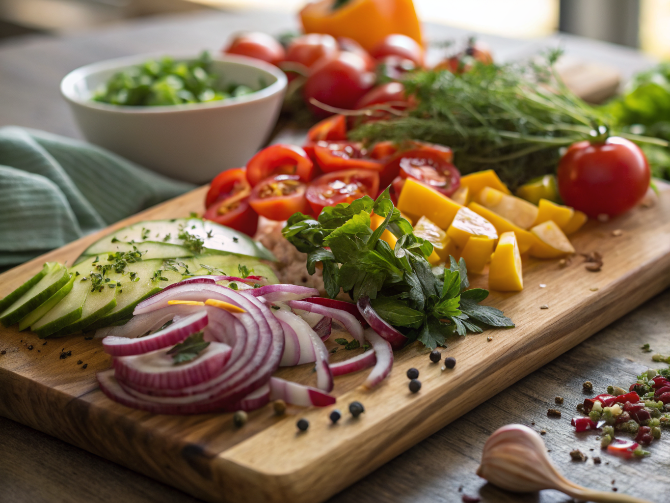 Salade d'Été Fraîche et Rapide : Prête en 15 min 3 Tomates cerises colorées, radis croquants et noix fraîchement concassées disposés sur une planche à découper pour préparer une salade d'été rapide