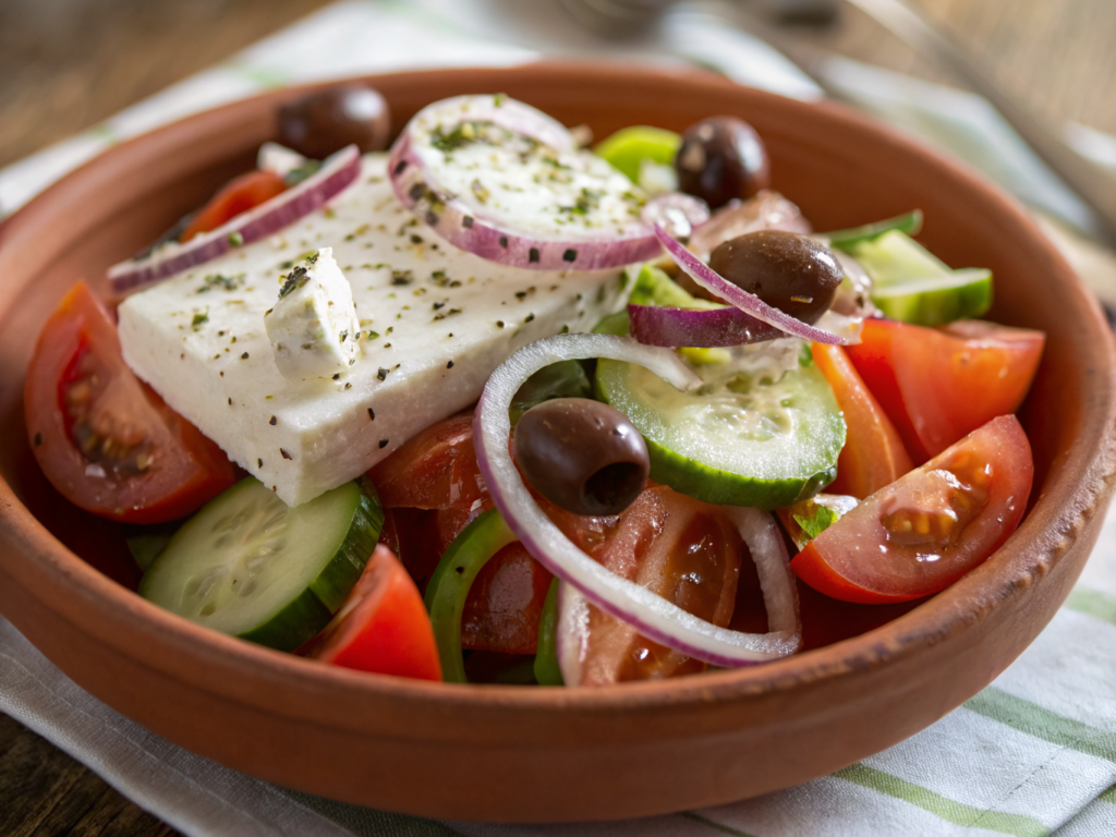 Salade grecque traditionnelle horiatiki dans un plat en terre cuite avec tomates, concombre, poivron, olives Kalamon et un bloc de feta au centre