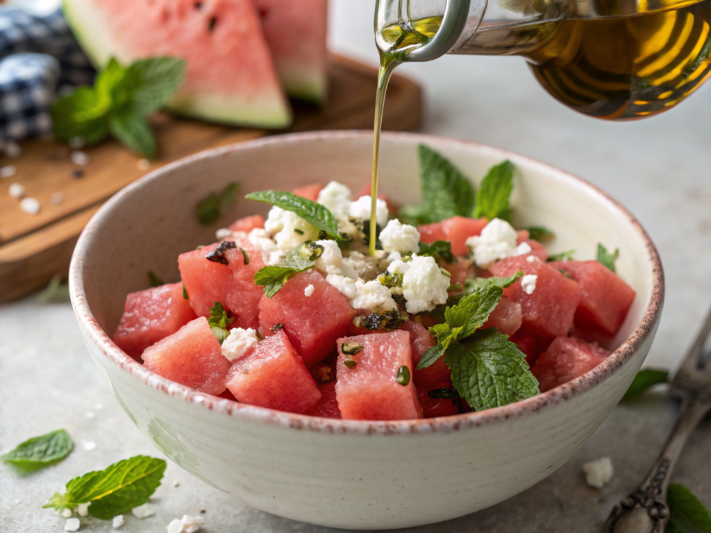 Salade melon feta menthe fraiche dans un bol en ceramique avec cubes de melon mur, feta emiettee, menthe fraiche et filet d huile d olive