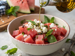 Salade melon feta menthe fraiche dans un bol en ceramique avec cubes de melon mur, feta emiettee, menthe fraiche et filet d huile d olive