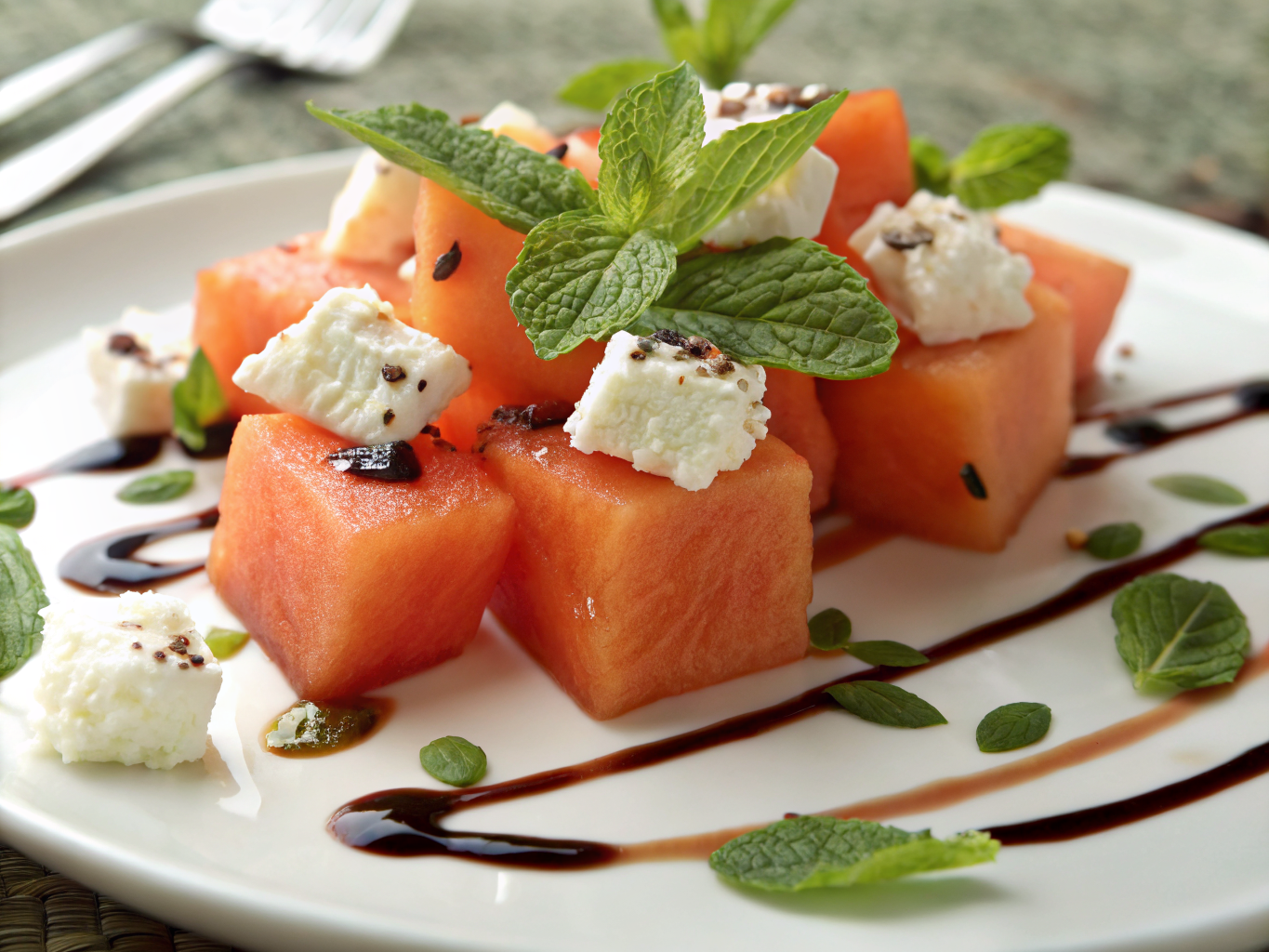 Salade Melon Feta Menthe : Fraîcheur Sucrée-Salée en 15 min 3 Melon charentais mûr coupé en cubes avec feta émiettée et menthe fraîche ciselée dans un saladier, prêt pour l'assemblage de la salade melon feta
