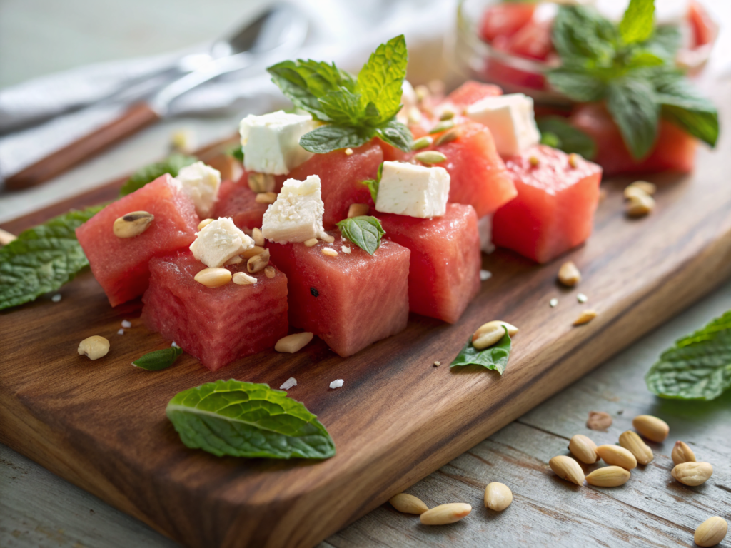 Préparation des ingrédients pour salade-pasteque-chevre : macro close-up des aliments frais, photographie culinaire professionnelle