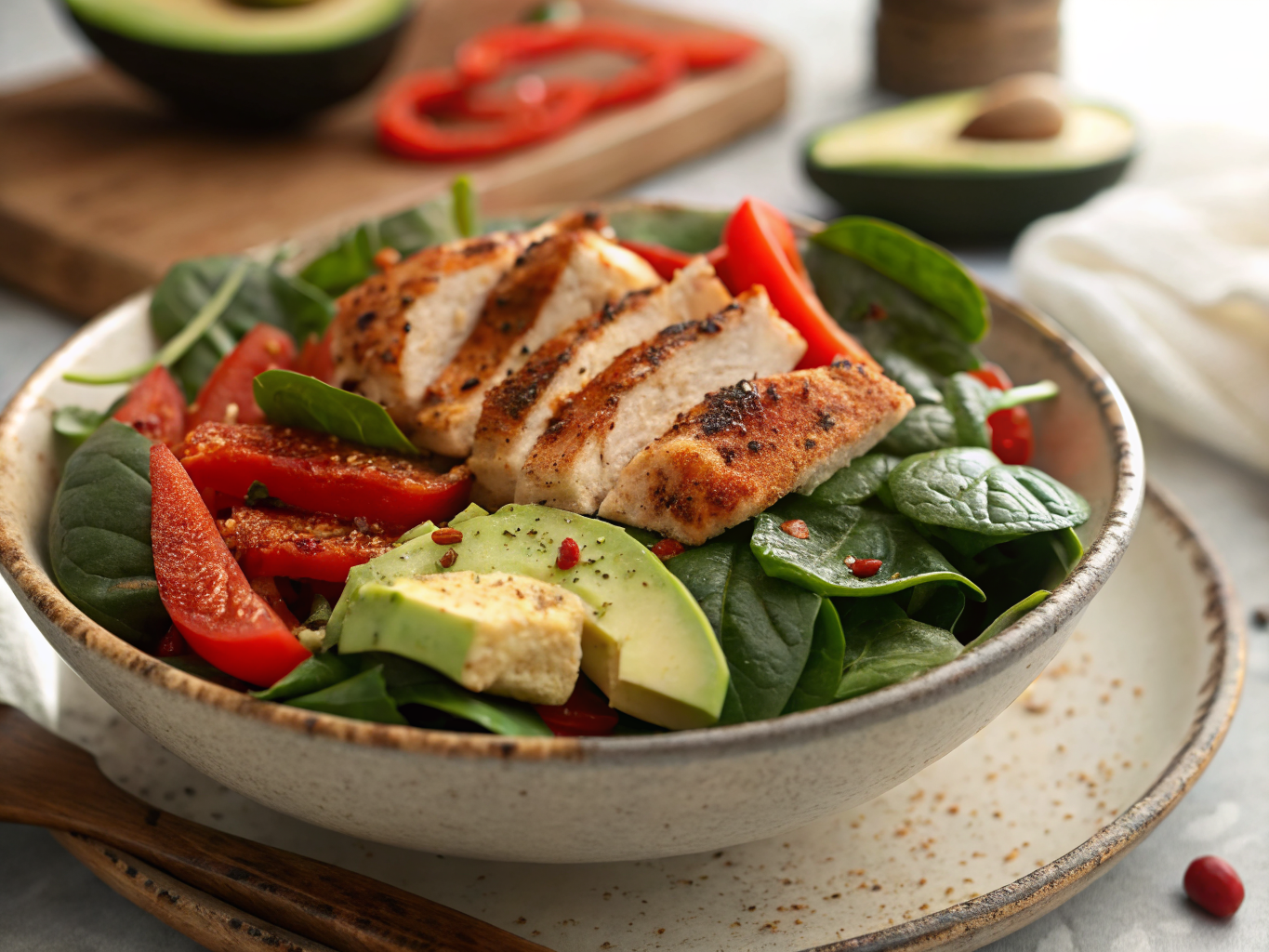 Salade de Poulet Grillés aux Légumes Croquants : 15 min 2 Salade de poulet grillé aux légumes croquants dans un bol en céramique avec épinards frais, poivron rouge, avocat et poulet grillé au paprika fumé