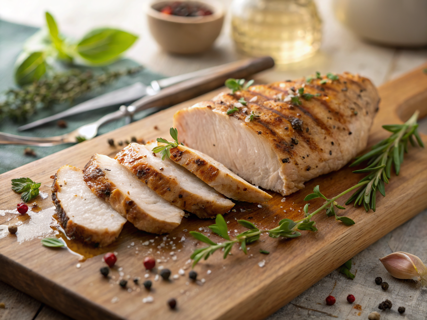 Salade de Poulet Grillés aux Légumes Croquants : 15 min 3 Blanc de poulet grillé au paprika fumé avec des marques de grill parfaites sur une planche à découper, prêt à être tranché pour la salade