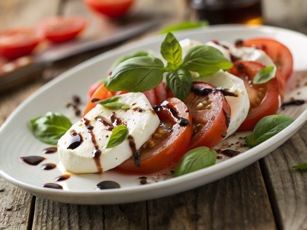 Salade tomates mozza fraiche avec mozzarella di bufala, tomates anciennes colorees, basilic frais et glacage balsamique dans un plat en ceramique blanche