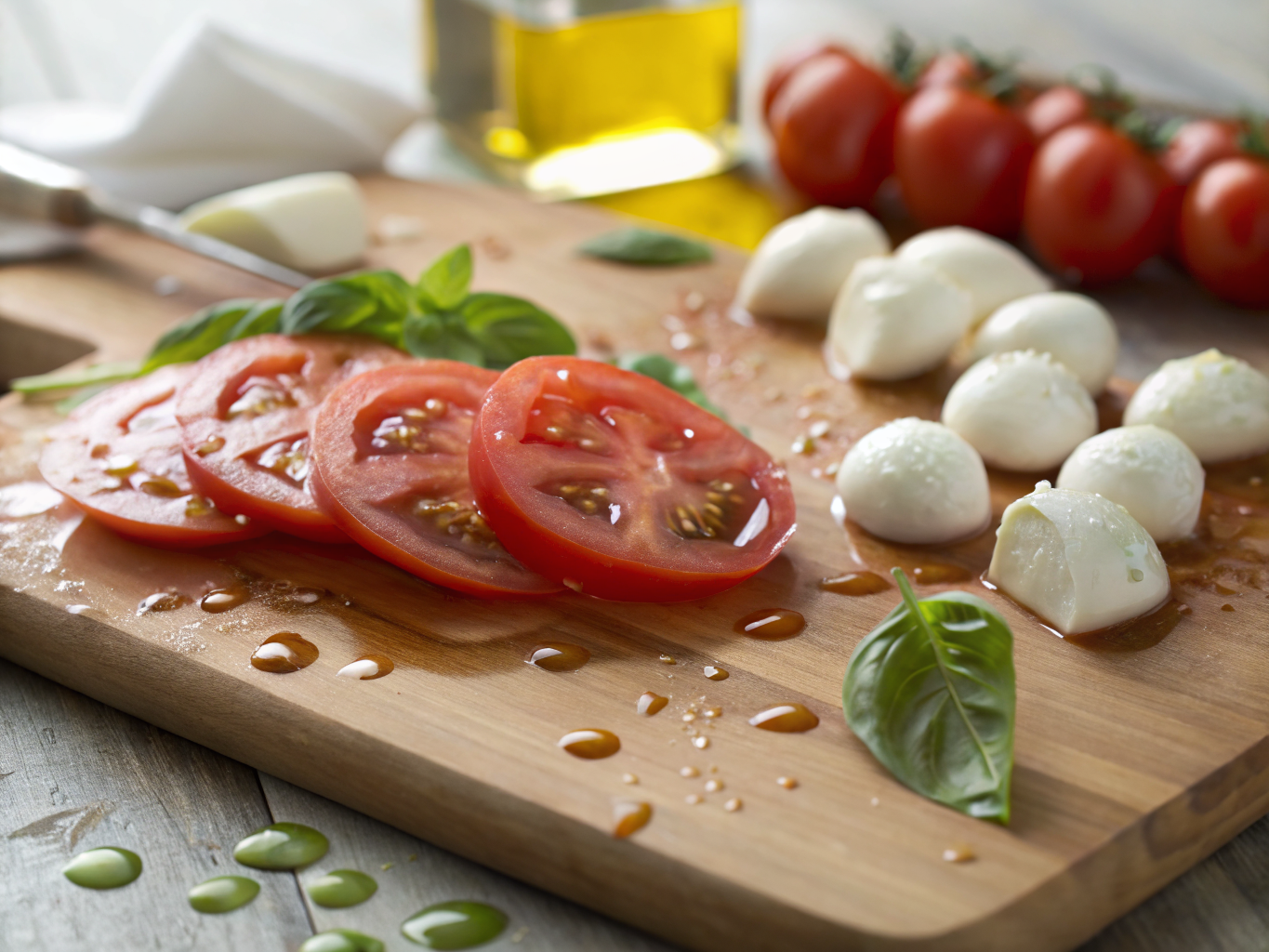 Salade Tomates Mozza de Saison : Protéinée et Prête en 15 min 3 Tranches de tomates anciennes et mozzarella di bufala disposées en rosace avec basilic frais et filet d'huile d'olive pour une salade tomates mozza de saison
